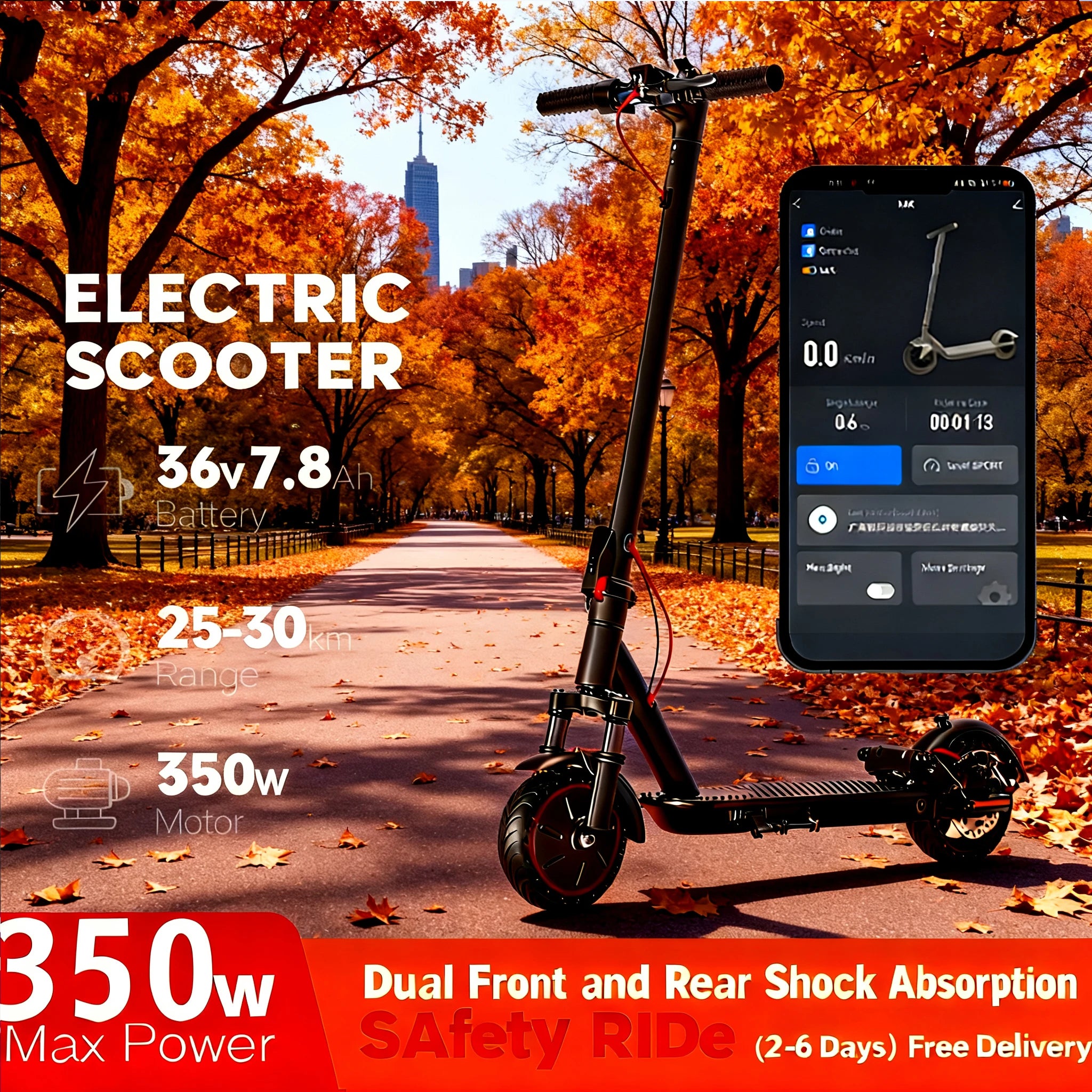 350W smart electric scooter is for you! Dual shock absorption minimizes buffering, Glide at 20KM/H along riverside paths.