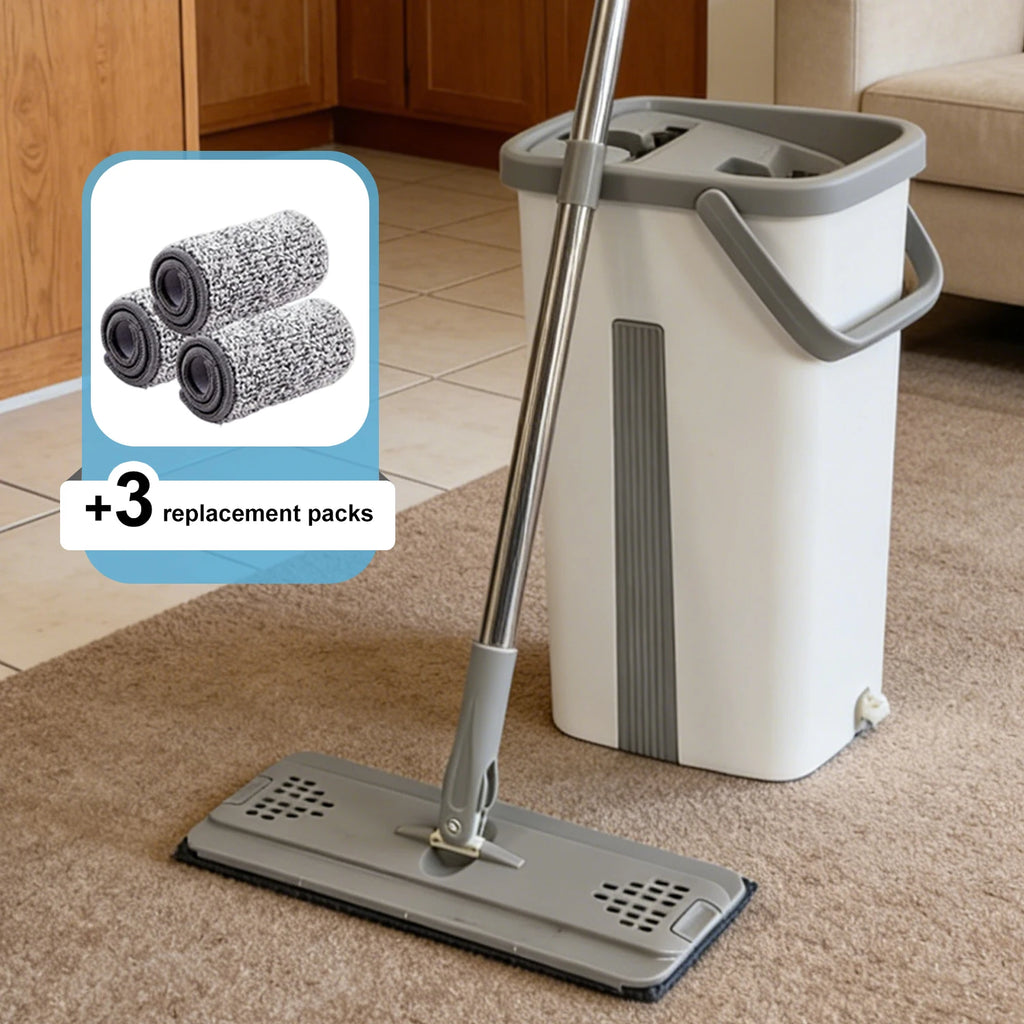 Hands-Free Flat Mop & Bucket Set with 3 Reusable Microfiber Pads - 360° Rotating Mop Head