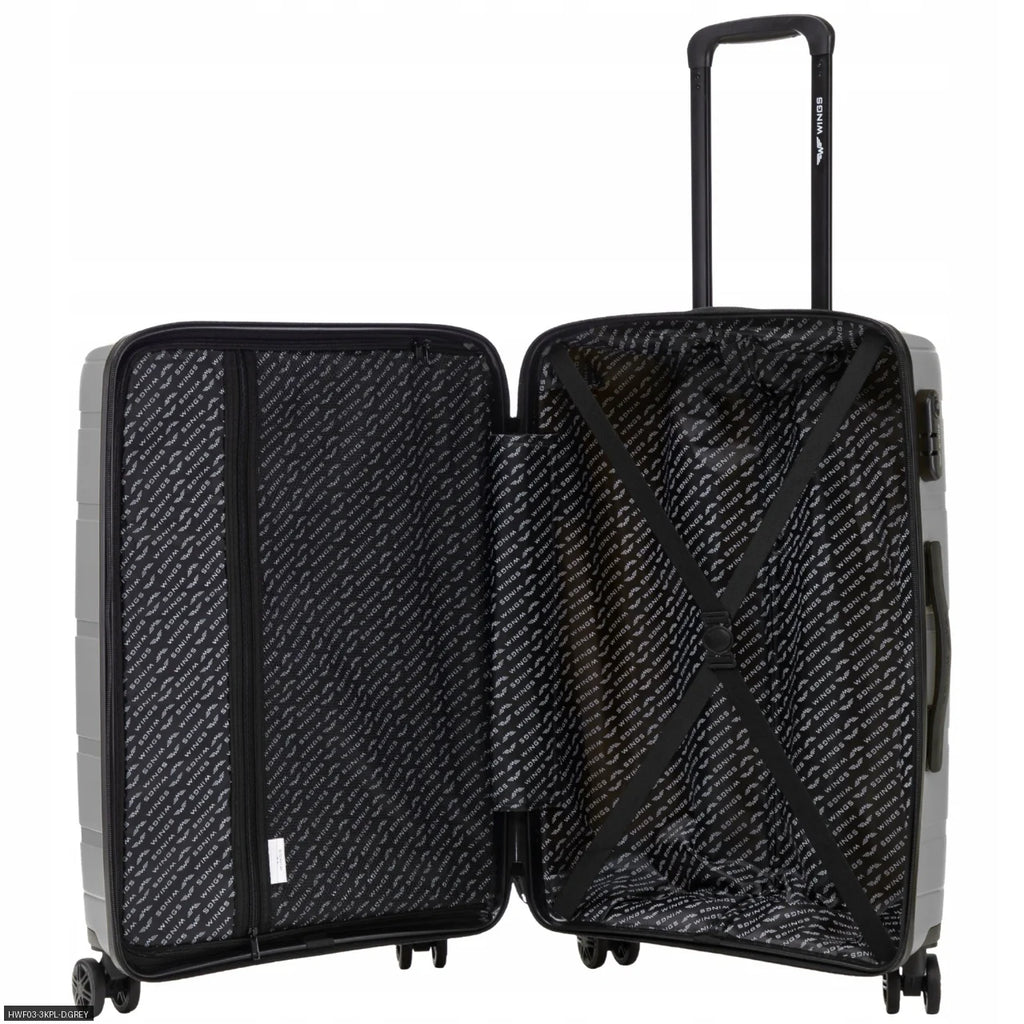 Suitcases to Choose From: Polypropylene 20", 24", 28" / 75 × 50 × 30 cm / 65 × 44 × 25 cm / 55 × 39 × 20 cm Hawfinch Color: Champagne DAMAGE-RESISTANT TELESCOPIC HANDLE, 4 DUPLICATE 360° WHEELS, COMBINATION LOCK, SIDE