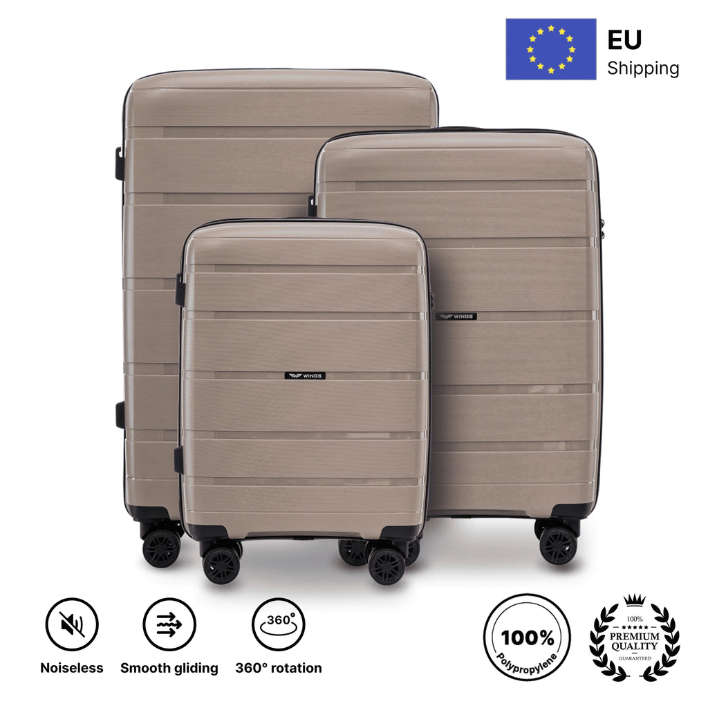 Set of Suitcases in POLYPROPYLENE/ 20", 24", 28" 75 × 50 × 30 cm / 65 × 44 × 25 cm / 55 × 39 × 20 cm, Hawfinch Champagne Color DAMAGE-RESISTANT TELESCOPY HANDLE, 4 double 360° wheels, Combination Lock, side and top han