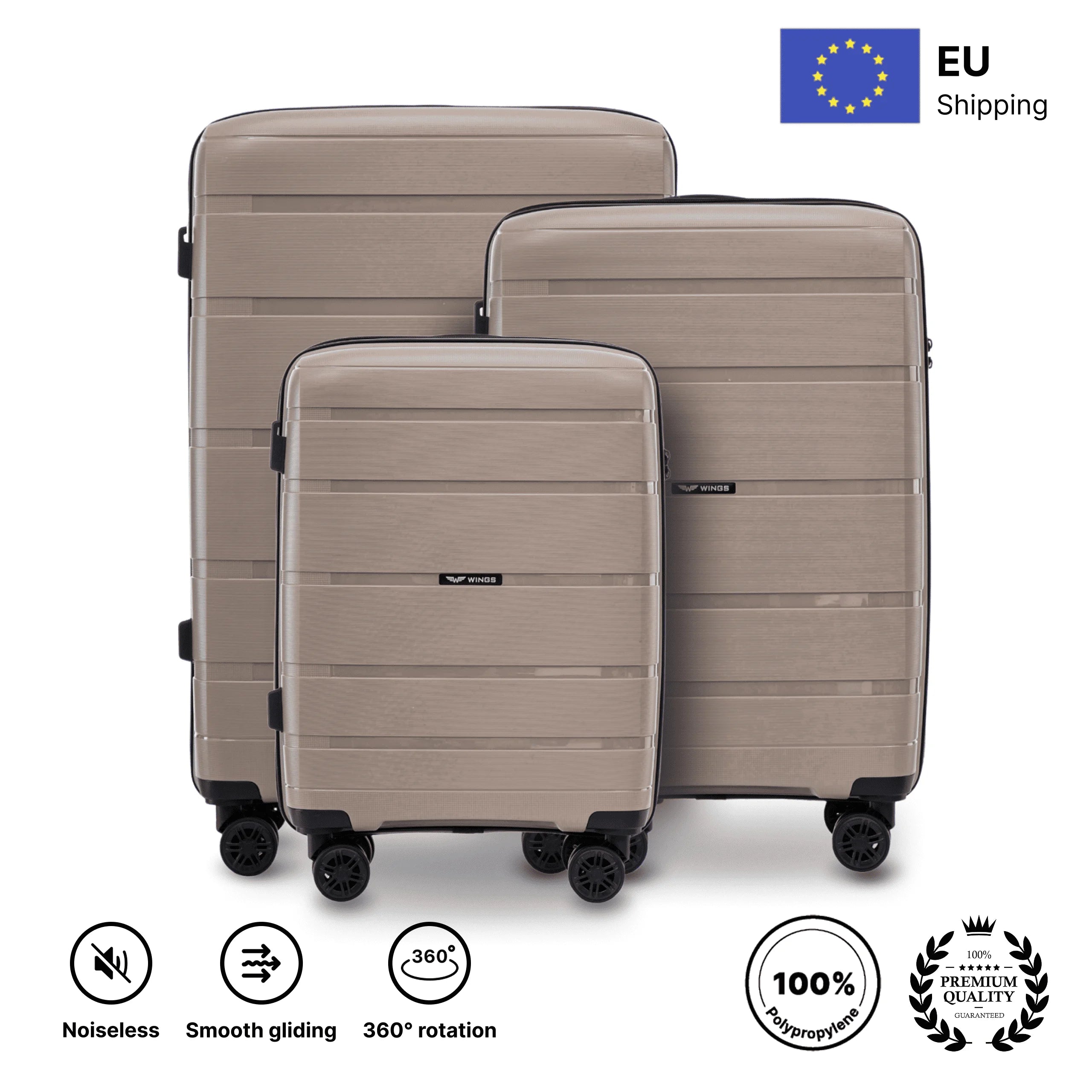 Set of Suitcases in POLYPROPYLENE/ 20", 24", 28" 75 × 50 × 30 cm / 65 × 44 × 25 cm / 55 × 39 × 20 cm, Hawfinch Champagne Color DAMAGE-RESISTANT TELESCOPY HANDLE, 4 double 360° wheels, Combination Lock, side and top han