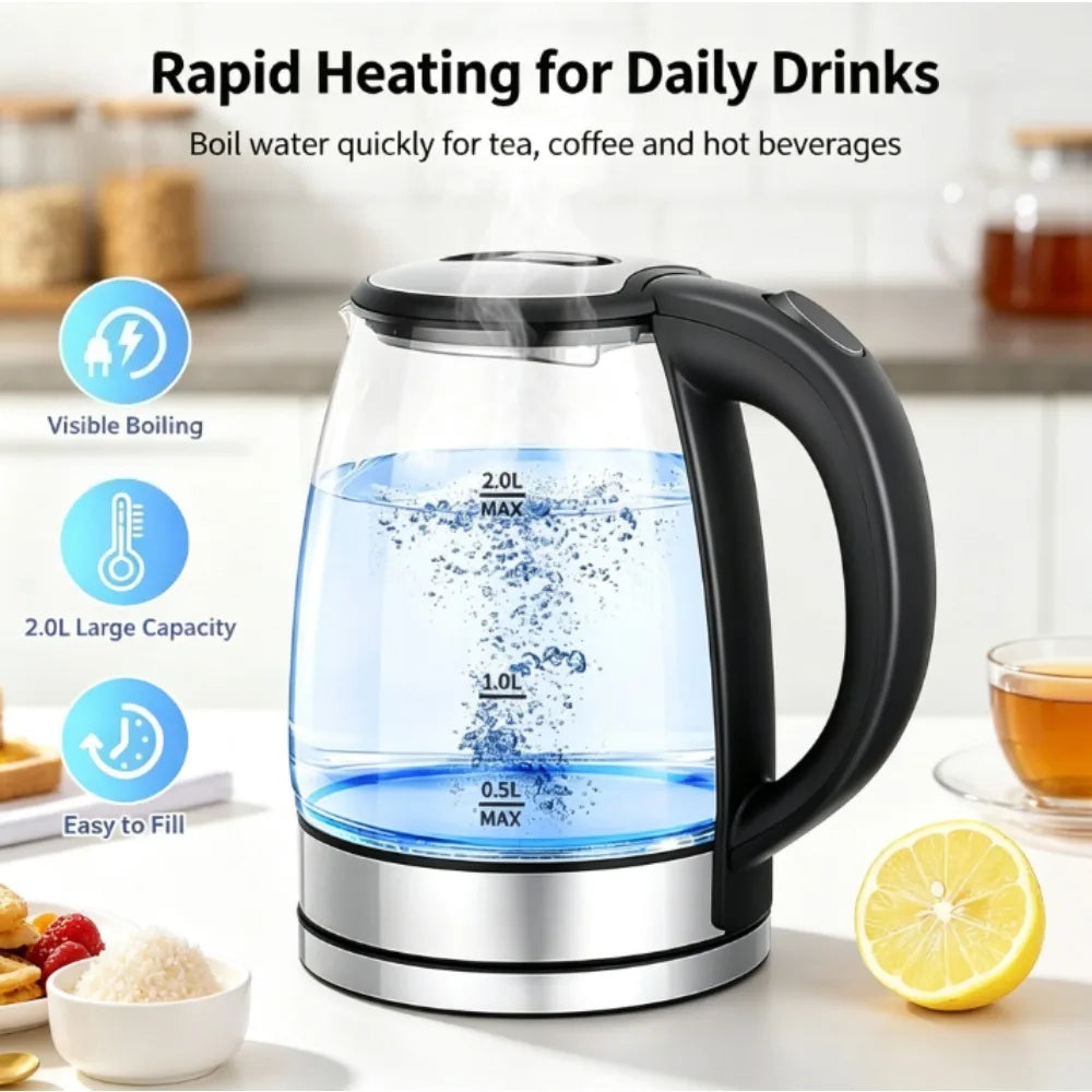 2.0L Glass Electric Kettle, Fast Boiling Water Boiler with Blue LED Light,