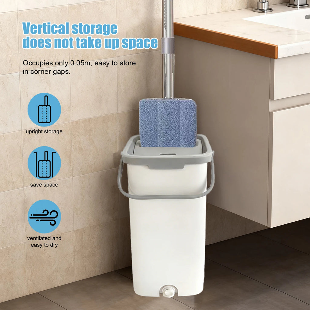 Hands-Free Flat Mop & Bucket Set with 3 Reusable Microfiber Pads - 360° Rotating Mop Head