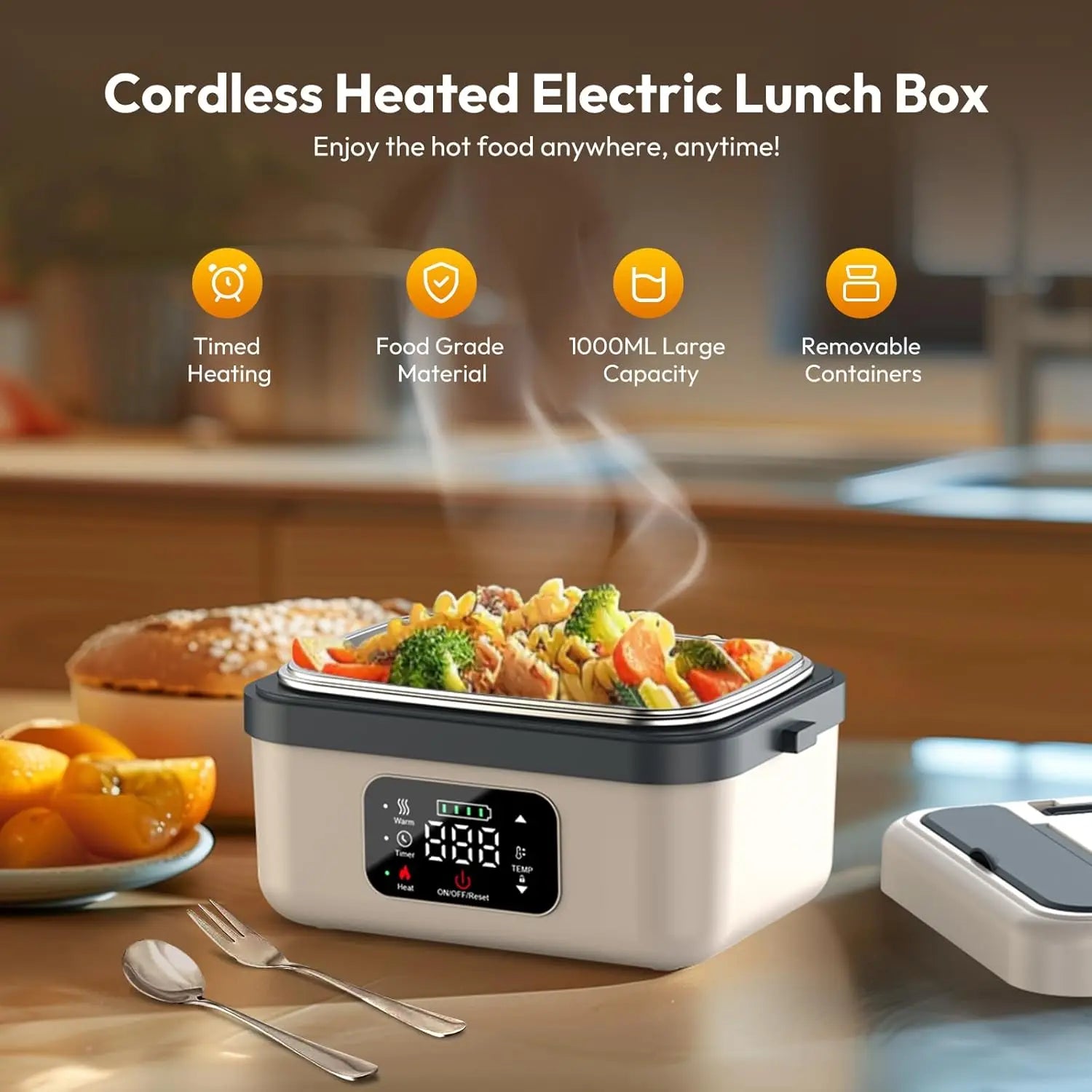 Portable Electric Lunch Box, 1L Capacity & 16000mAh Power Bank, Wireless Self-Heating for Work Travel Car Office
