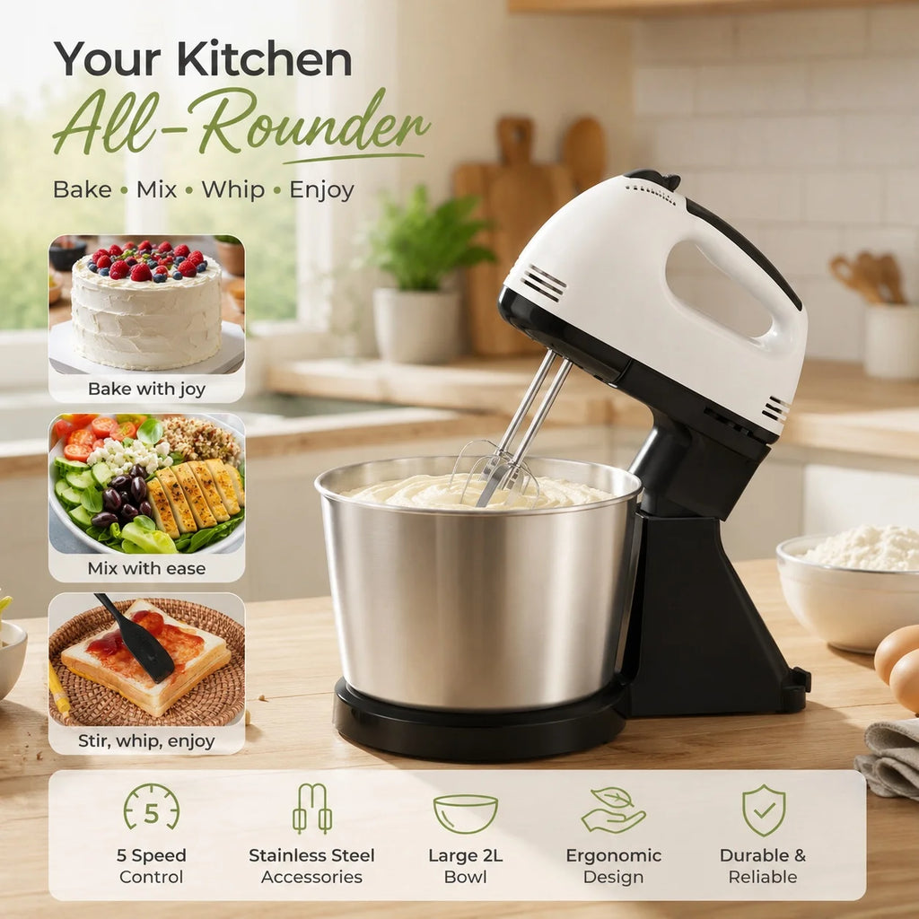 Premium Stand Mixer with Stainless Steel Bowl, 2-in-1