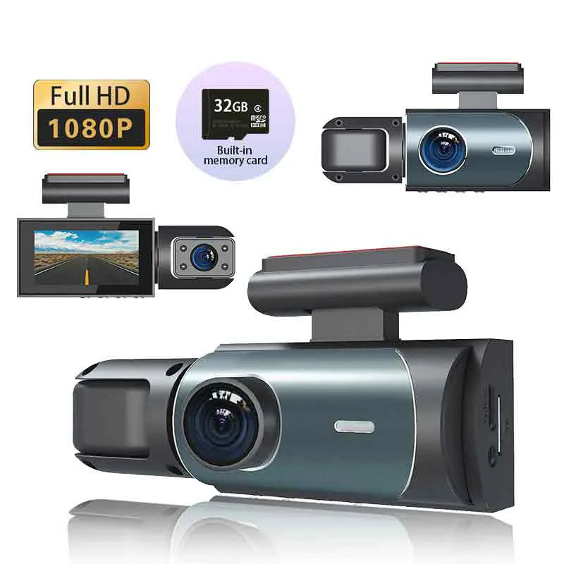 Dual front-and-rear dash camera with a 32 GB SD card, a 3-inch screen, and night vision for the car
