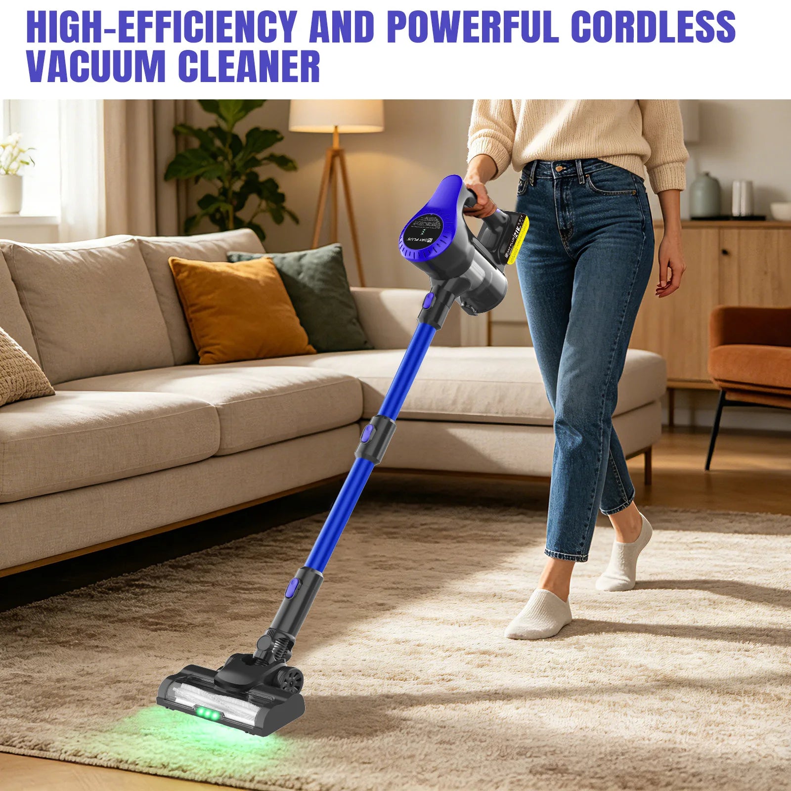Battery Bagless Vacuum Cleaner 1000W 7000Pa 45Min Cordless Vacuum Cleaner with Light, Anti-Tangle Brush, Super Quiet Self-Standing Battery Vacuum for Pet Hair Carpets Hard Floors