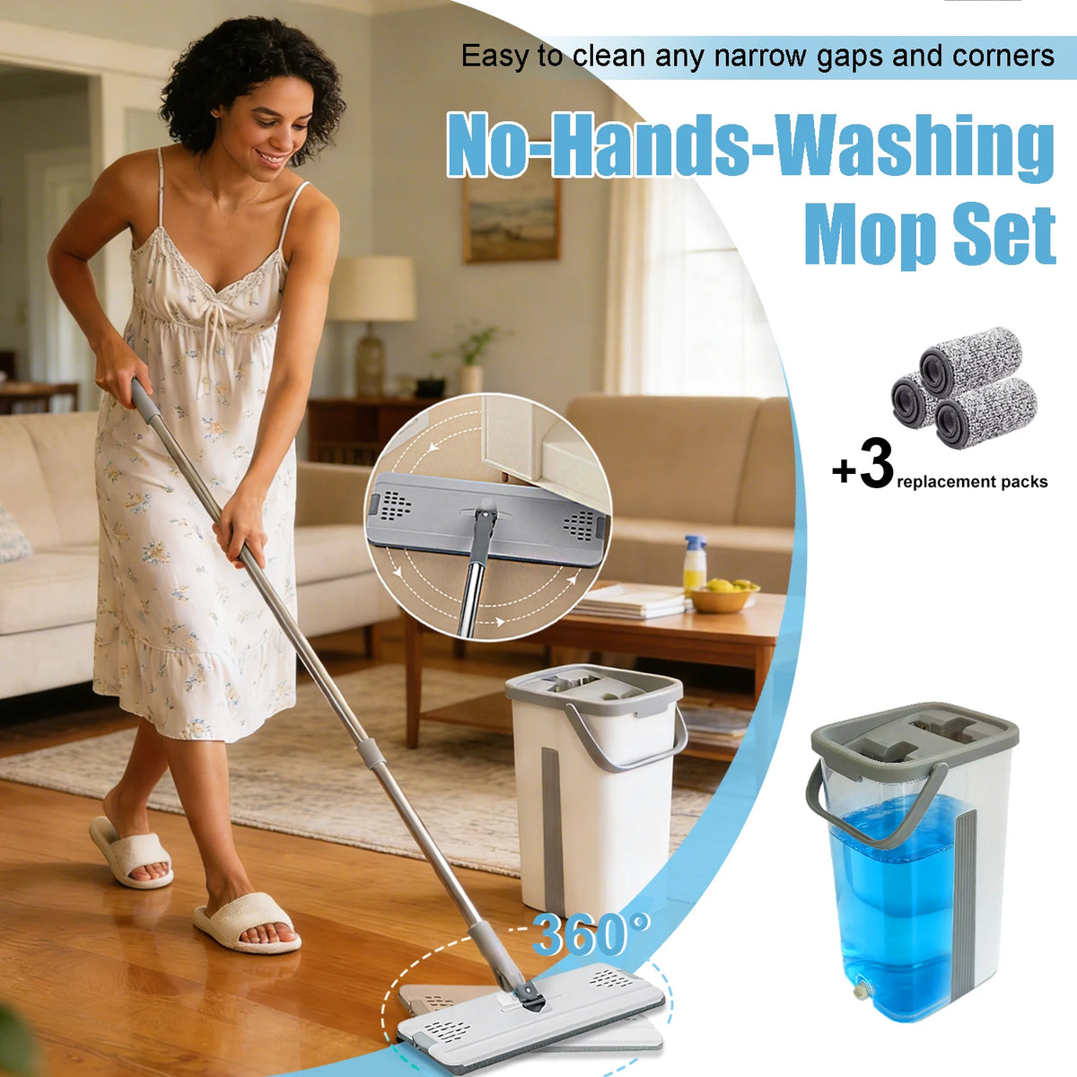 Hands-Free Flat Mop & Bucket Set with 3 Reusable Microfiber Pads - 360° Rotating Mop Head