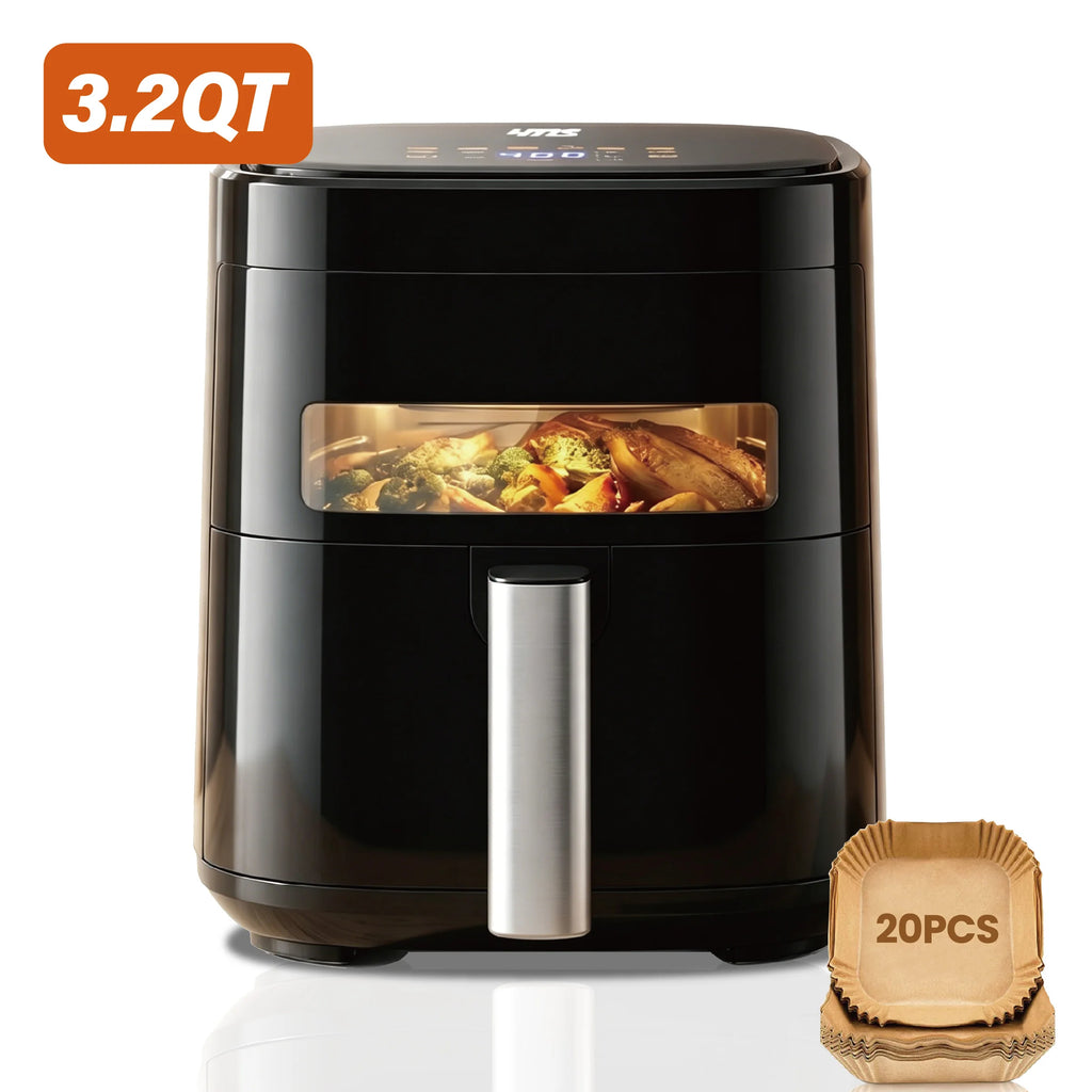 YMS 3.2QT Touchscreen Air Fryer with Visible Window, Black, 8-in-1