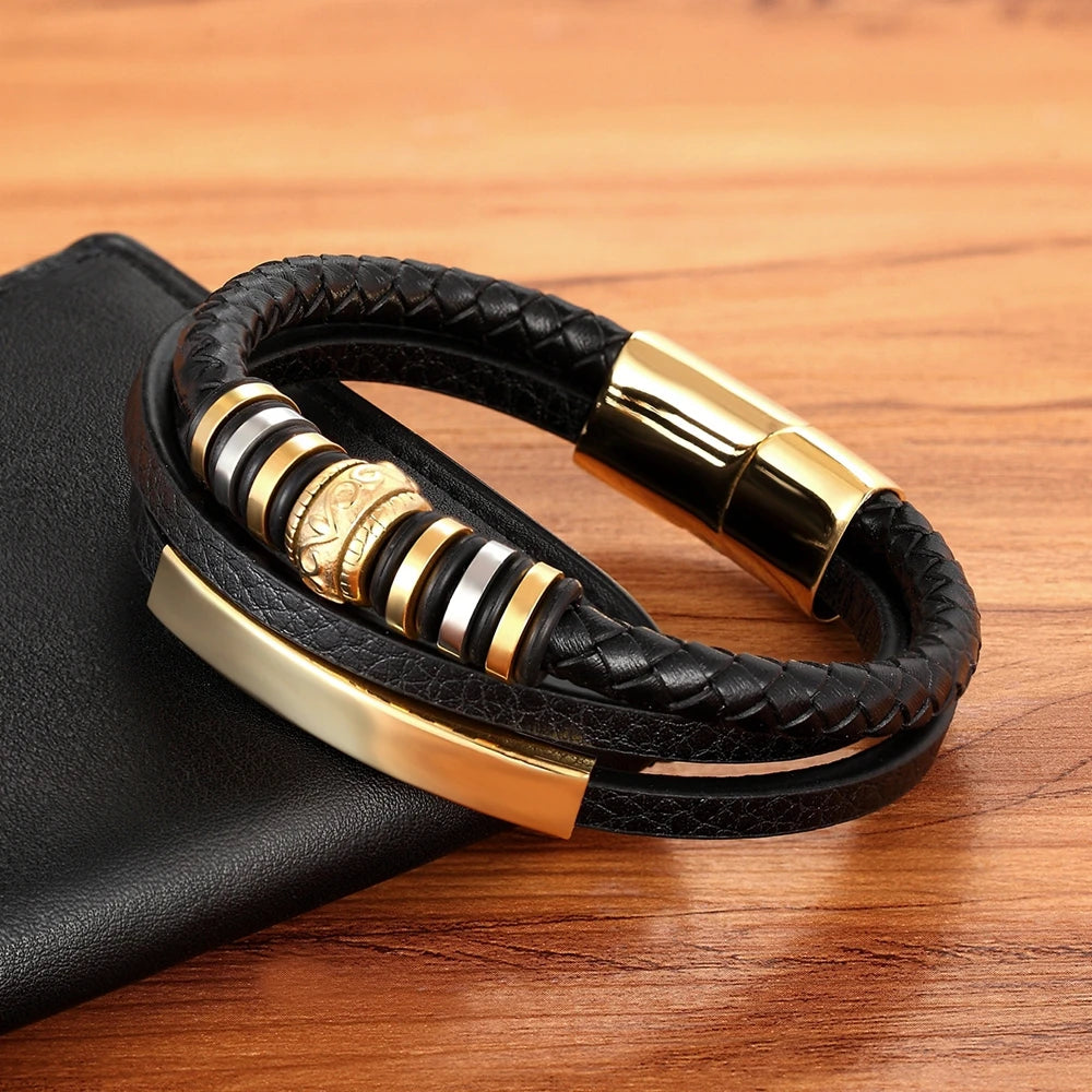 XQNI Fashion Promotion Multi-layer Leather Stainless Steel Metal Luxury Men's Leather Bracelet Accessories For New Year's Gift