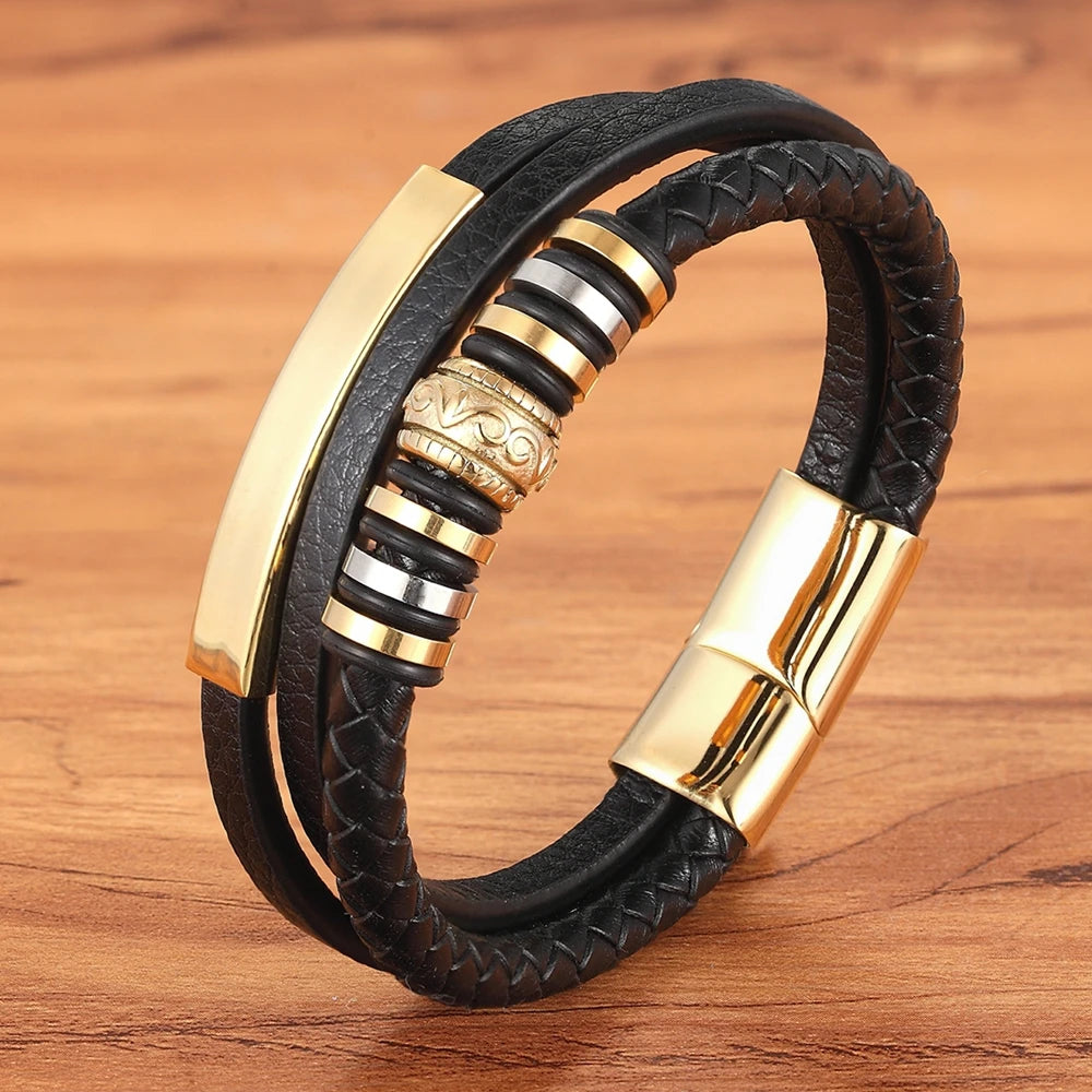 XQNI Fashion Promotion Multi-layer Leather Stainless Steel Metal Luxury Men's Leather Bracelet Accessories For New Year's Gift