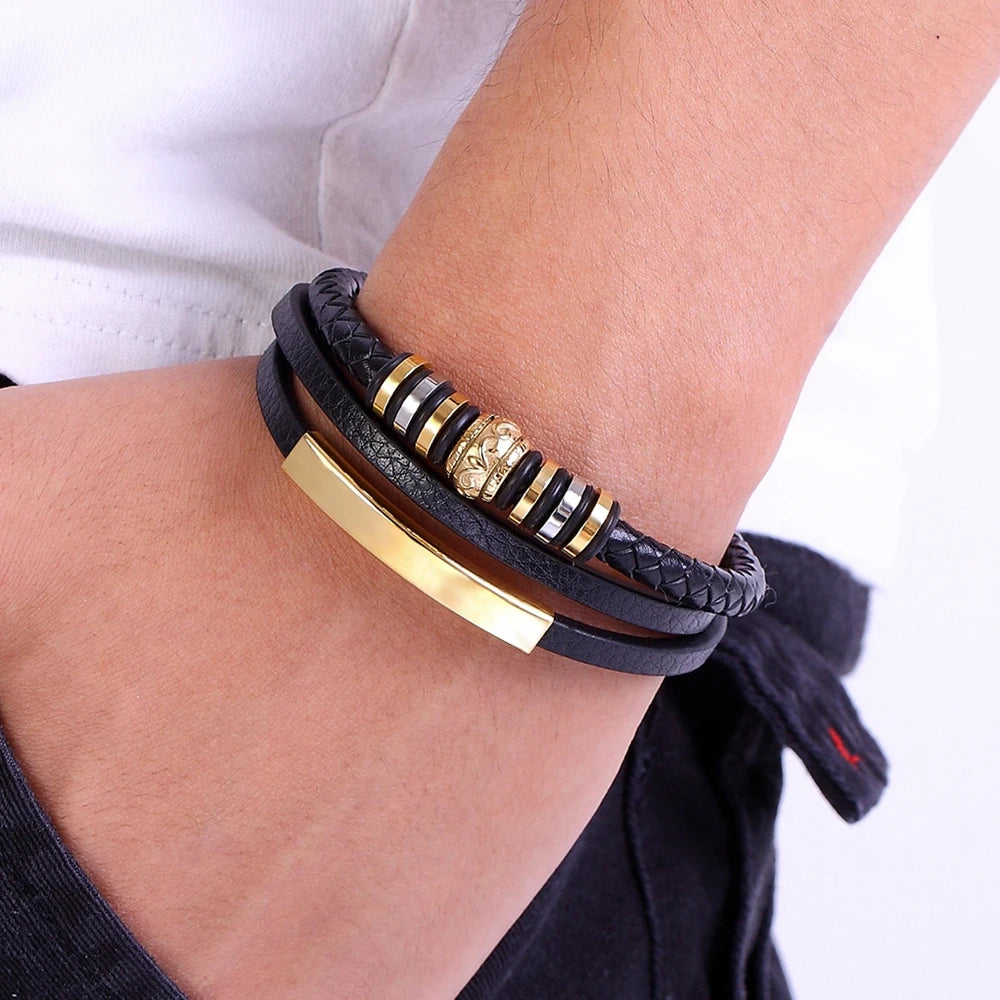 XQNI Fashion Promotion Multi-layer Leather Stainless Steel Metal Luxury Men's Leather Bracelet Accessories For New Year's Gift