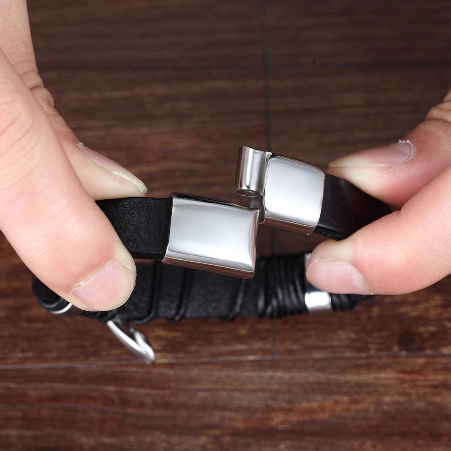 XQNI Fashion Promotion Multi-layer Leather Stainless Steel Metal Luxury Men's Leather Bracelet Accessories For New Year's Gift