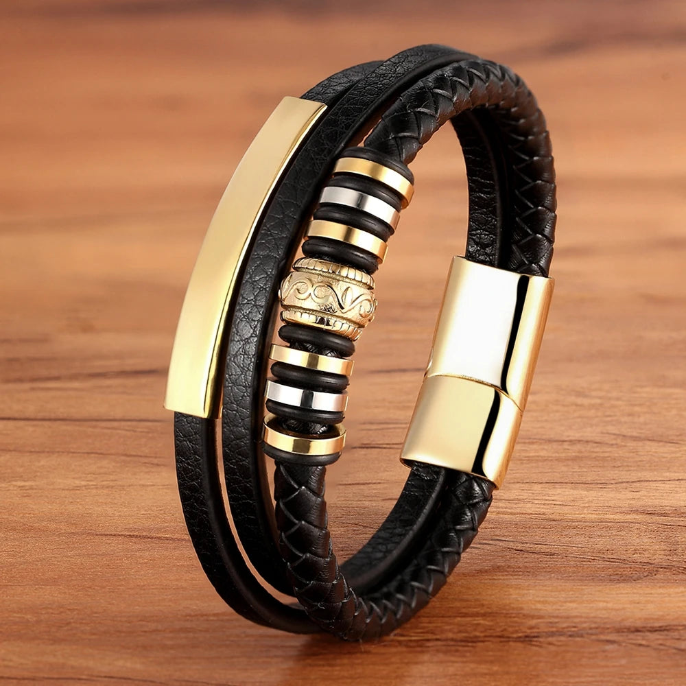 XQNI Fashion Promotion Multi-layer Leather Stainless Steel Metal Luxury Men's Leather Bracelet Accessories For New Year's Gift