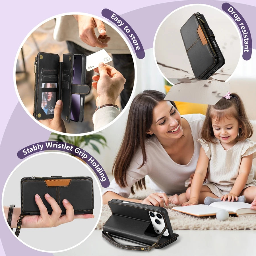 Wallet Multi-card Slot Zipper Kickstand Magnetic Flip Leather Case For iPhone 17 Pro Max 17e Air 16e 15 Plus 14 13 12 11 XR 8 7