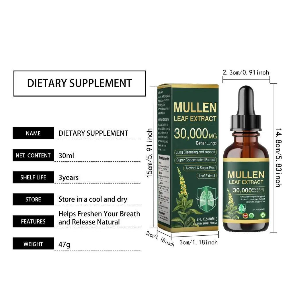 30000mg Mullein Leaf Herbal Drops, Lung Detox Cleansing Formula, Fast Absorption Natural Respiratory Health Maintenance