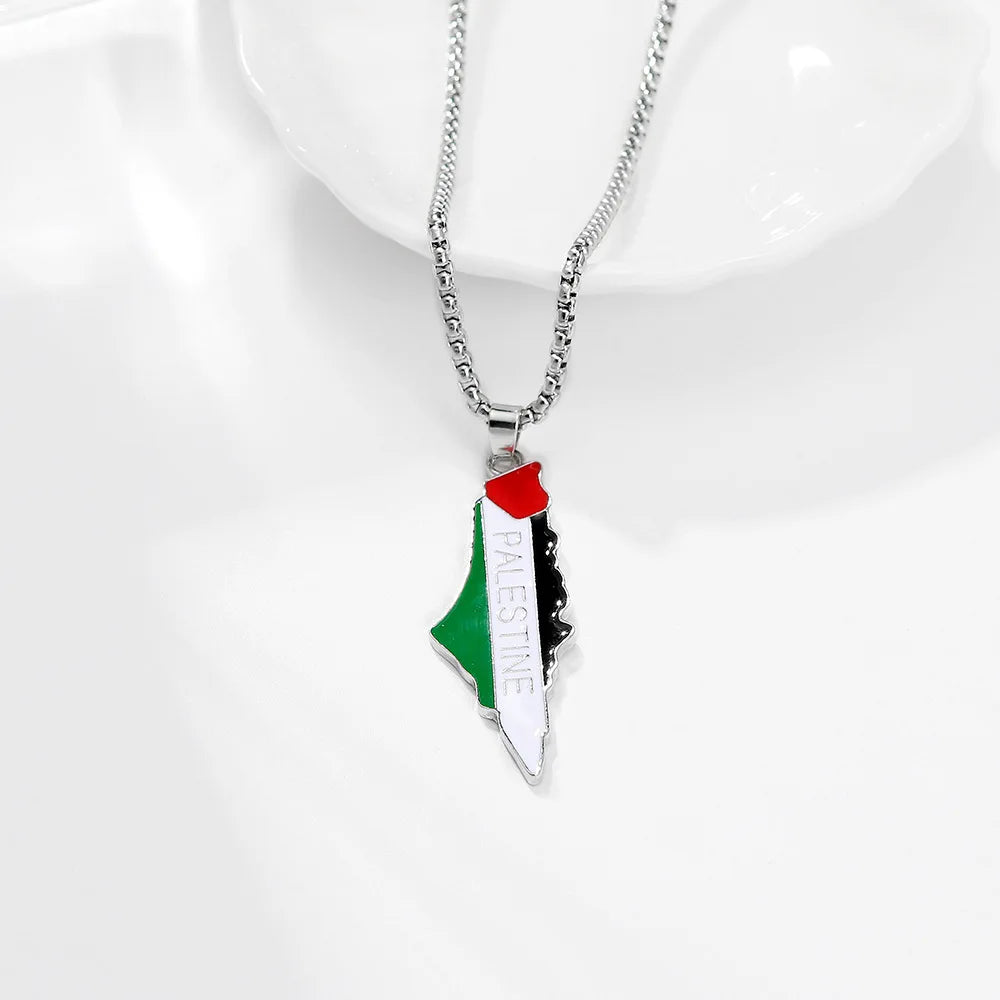 Palestine Map Pendant Keychain for Women Men Stainless Steel Map Geography