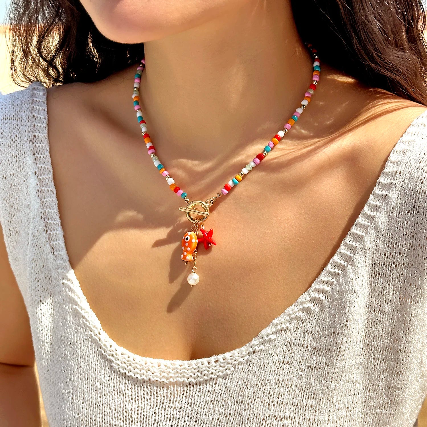 Bohemian Starfish Conch Pendant Necklace with OT Buckle Colorful Rice Beads Ceramic Fish Choker Necklace Beach Vacation Jewelry