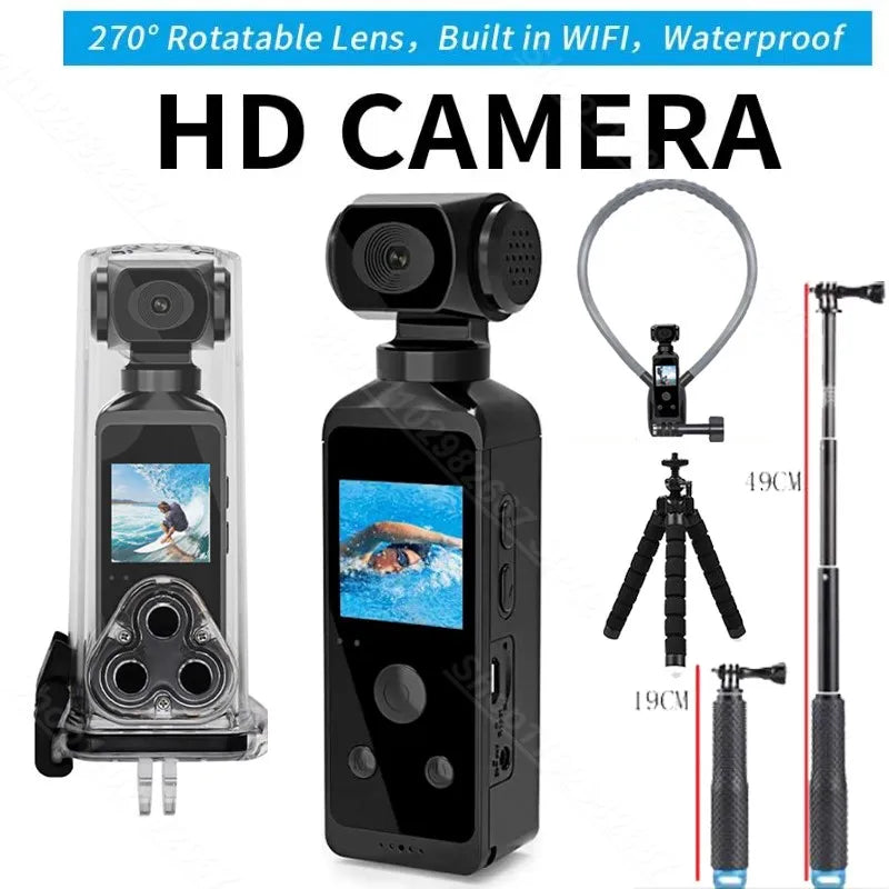 4K Ultra HD Pocket Action Camera 270° Rotatable Vlog Wifi Mini Sports Cam Waterproof Case