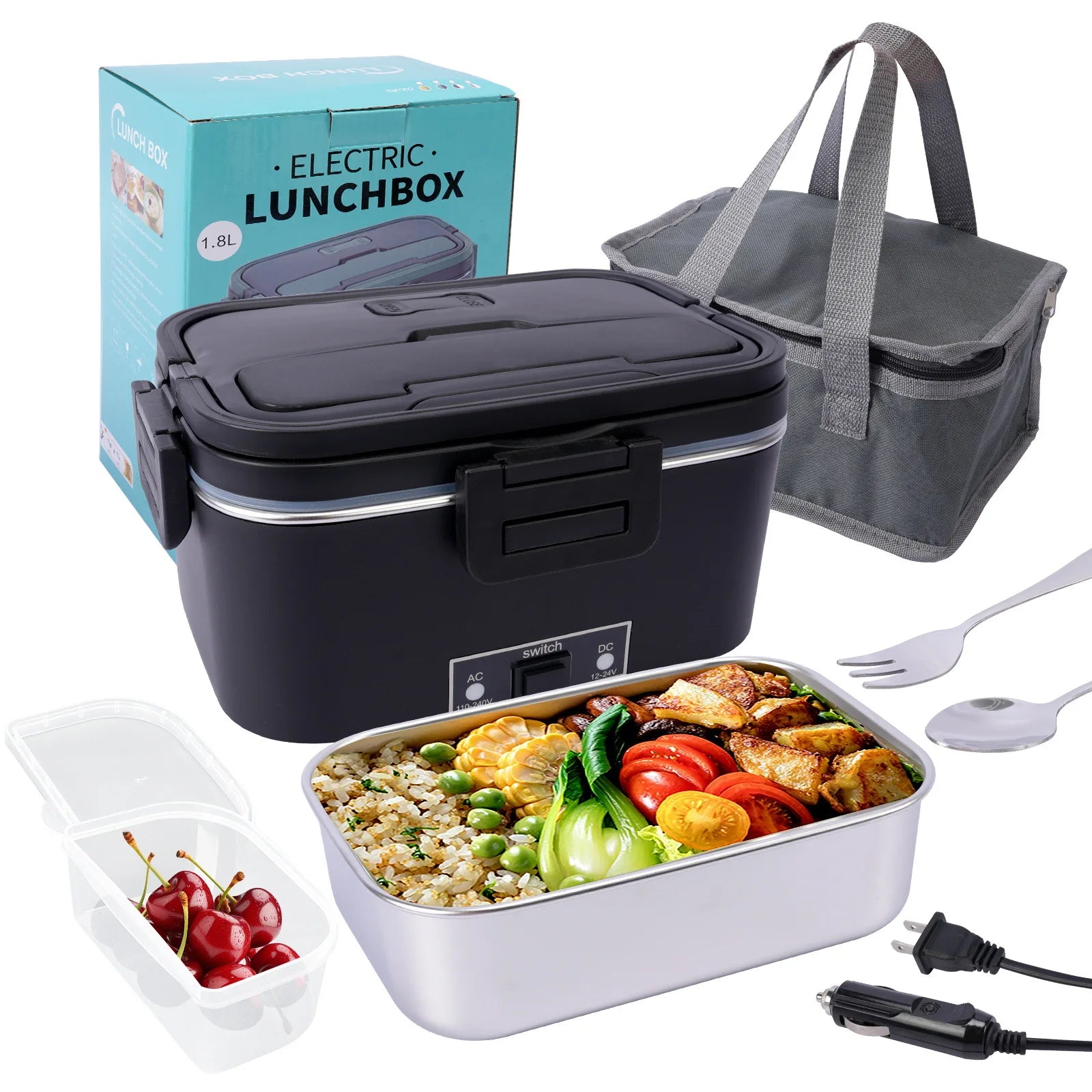 Electric Lunch Box 80W Fast Heating, 1.8L Portable Food Warmer Lunch Container for Car 12V & Home 220V, Stainless Steel Leakproof Heated Lunch Box with Insulated Bag & Utensils