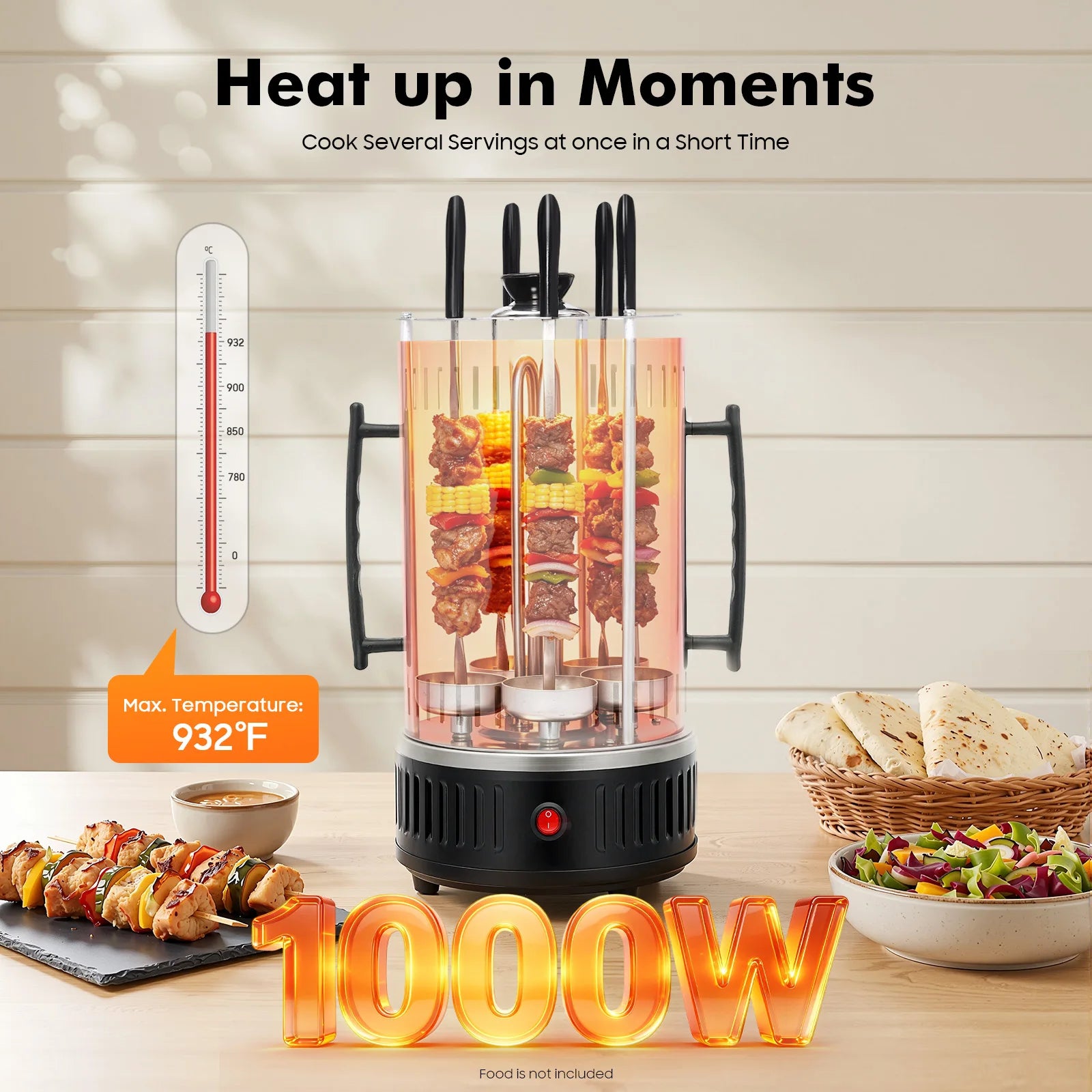 1000W Vertical Electric Grill Kebab Machine 5/6 Skewer Stainless Steel Shawarma Maker with Oil Drip Pan for BBQ Outdoor Home