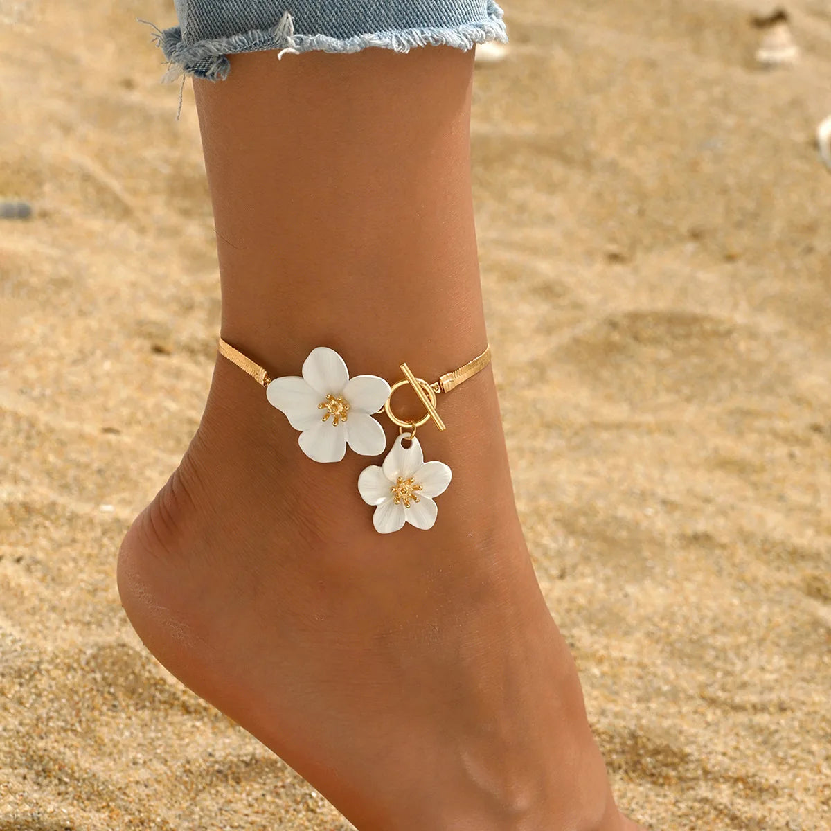 Elegant Enamel Flower OT Buckle Charm Anklets for Women White Green Cherry Blossom Anklet Leg Bracelet Summer Beach Foot Jewelry