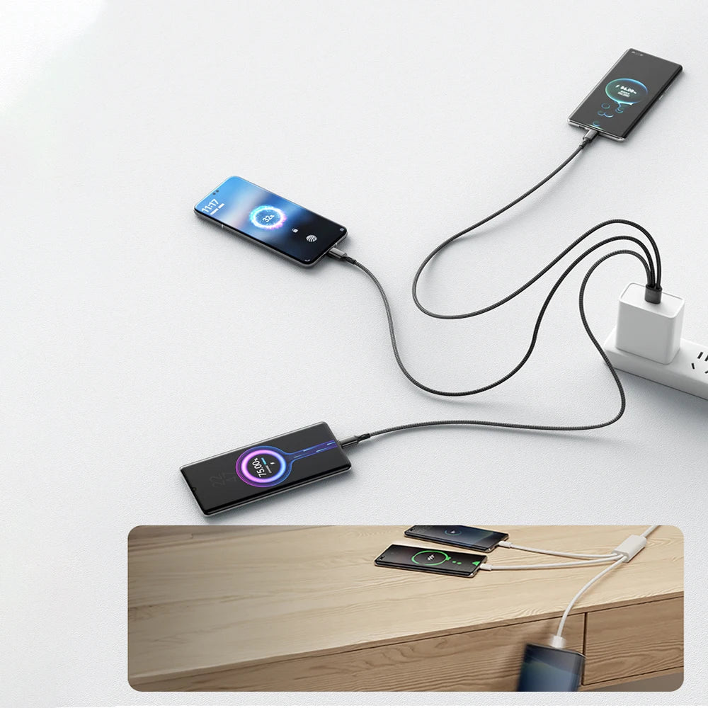 100W 3 in 1 Fast Charging Data Cable USB to 3 Type C Quick Charge