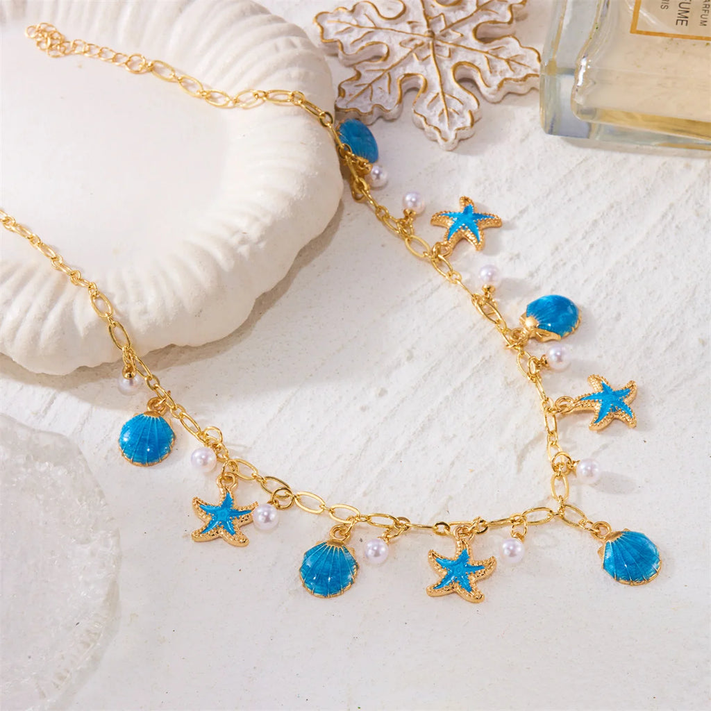 Boho Starfish Scallop Conch Pendant Necklace for Women Elegant Shell Pearl Tassel Metal Chain Choker Summer Beach Party Jewelry