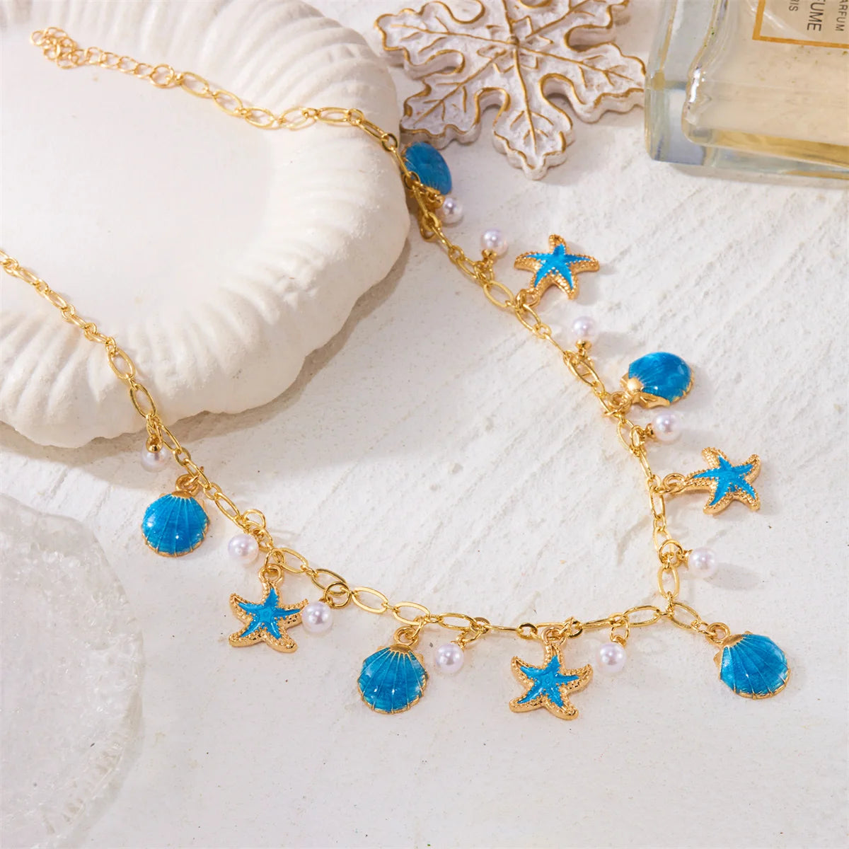 Boho Starfish Scallop Conch Pendant Necklace for Women Elegant Shell Pearl Tassel Metal Chain Choker Summer Beach Party Jewelry