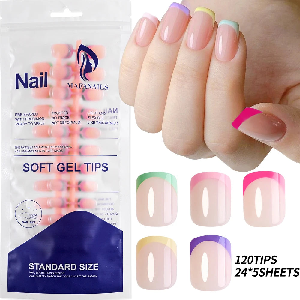 120Pcs Glossy Medium Coffin Press On Nails Pink Gradient French Fake Nails Acrylic Full Cover Ballerina False Nails For Women