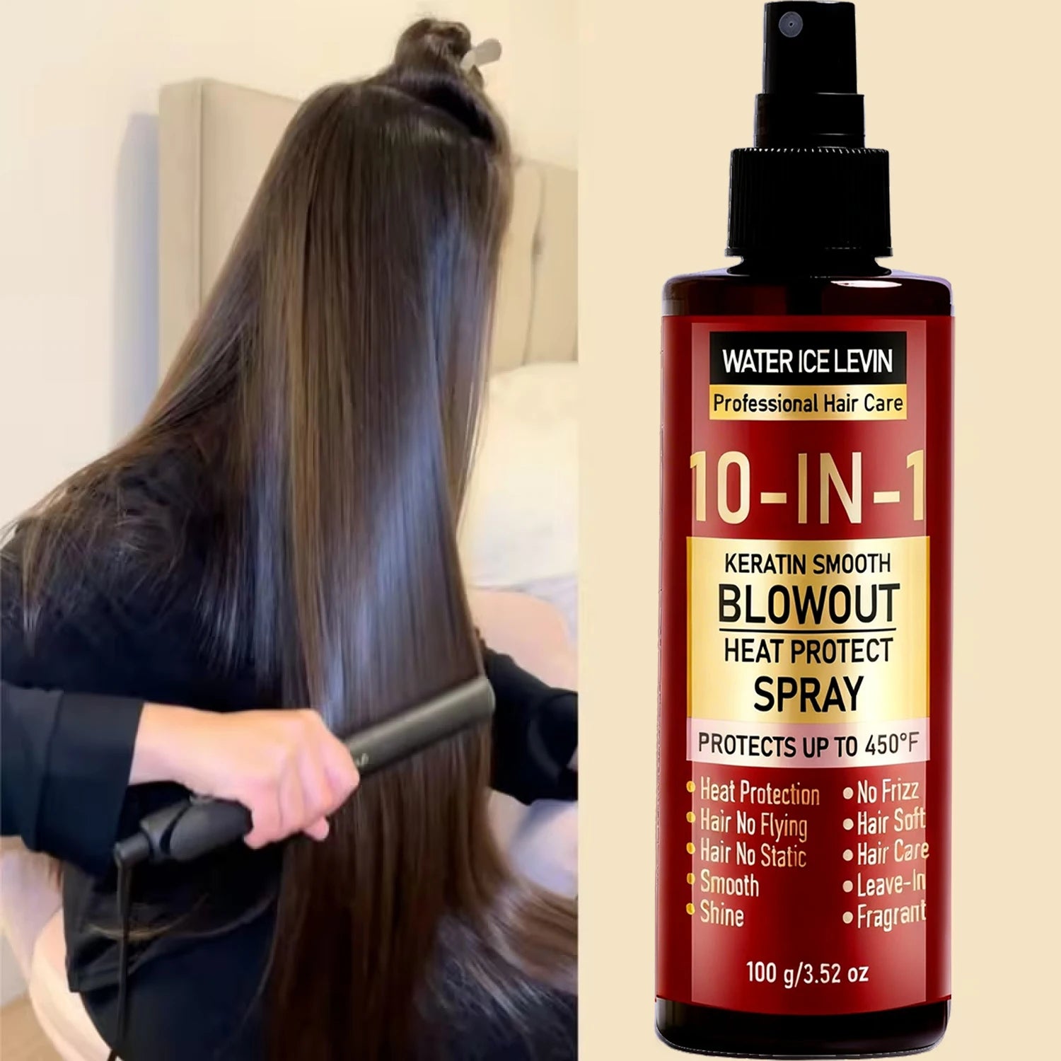 Keratin Heat Protect Spray 100g with Hyaluronic Acid & Collagen - Smoothing Anti Frizz Leave-In Hair Care for Blowout & Styling