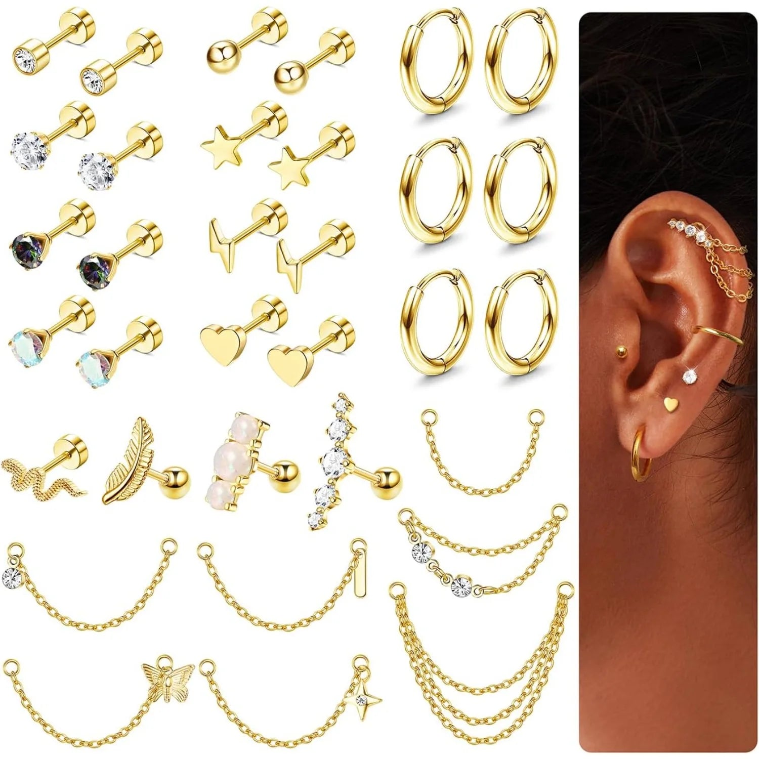 33Pcs 20G Cartilage Earrings Set for Women Men Surgical Steel Earrings