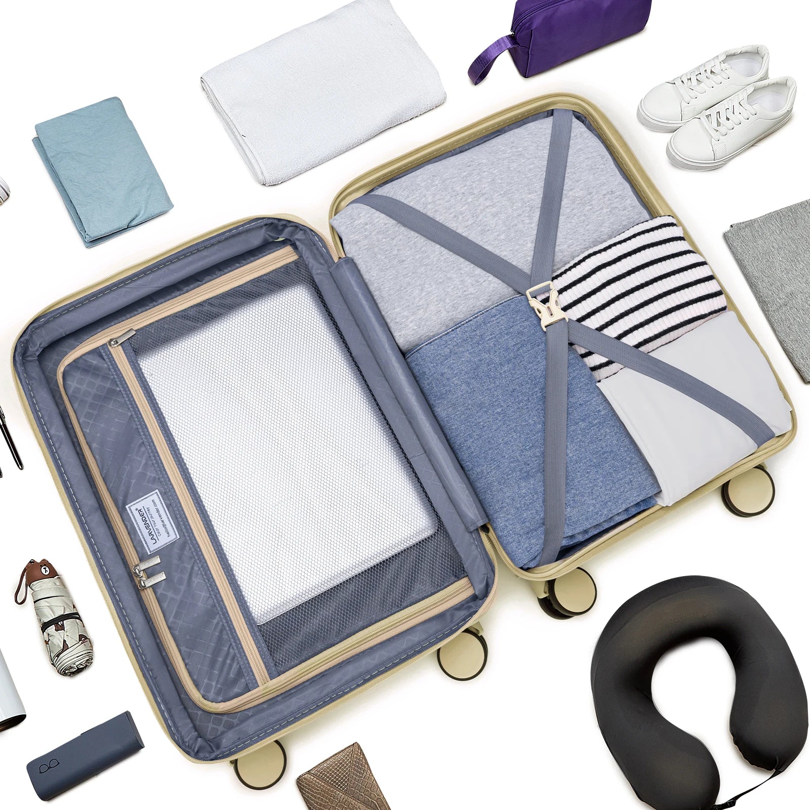 3-Piece Lightweight Expandable PP Luggage Set: 20" Carry-On Suitcase with 360° Spinner Wheels, Travel Backpack & Toiletry Bag, Champagne