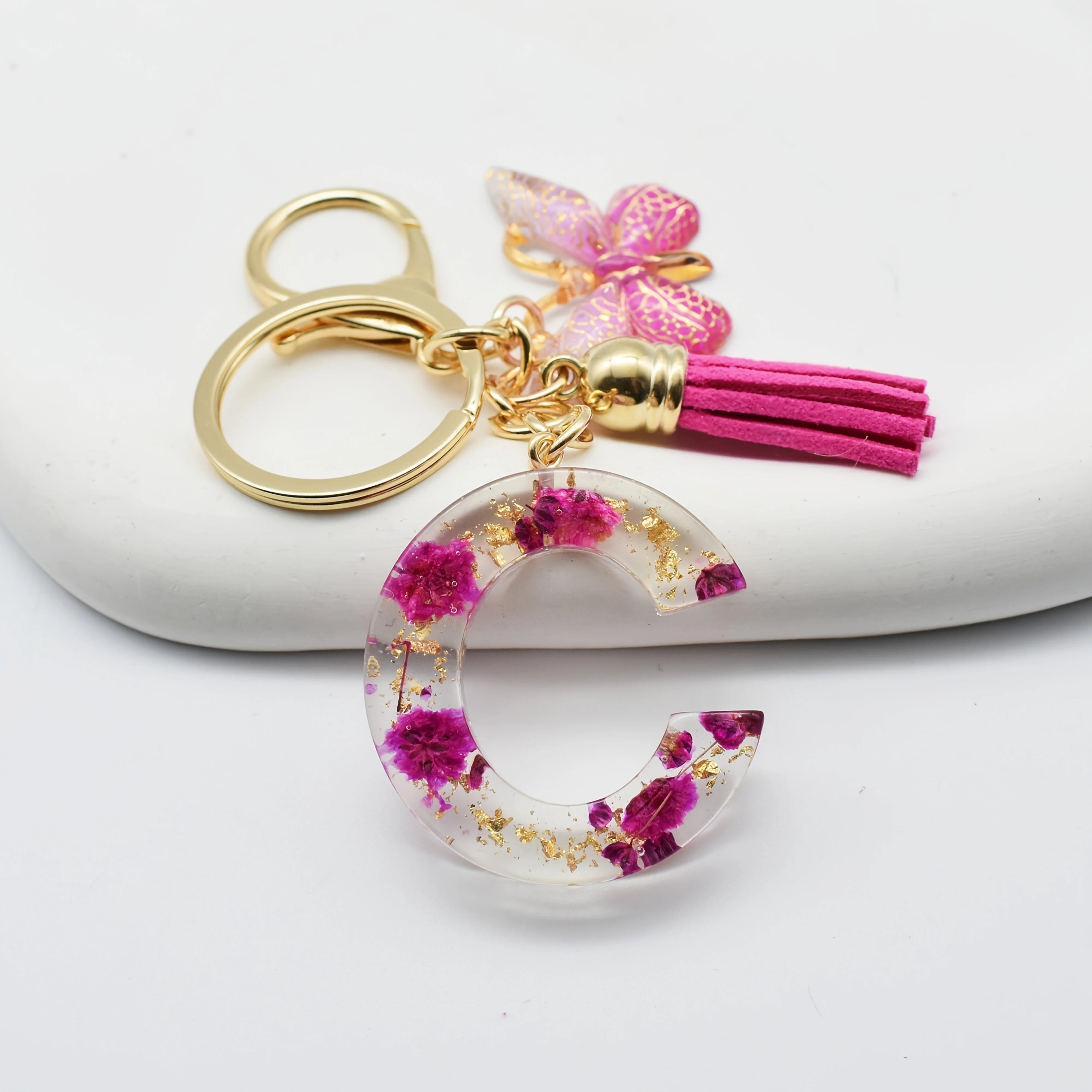 1PC Fashion Easter Alphabet Keychain - Dried Flower Resin Charm, A-Z Initial Pendant Butterfly Tassel, Non-Woven ABS Gift