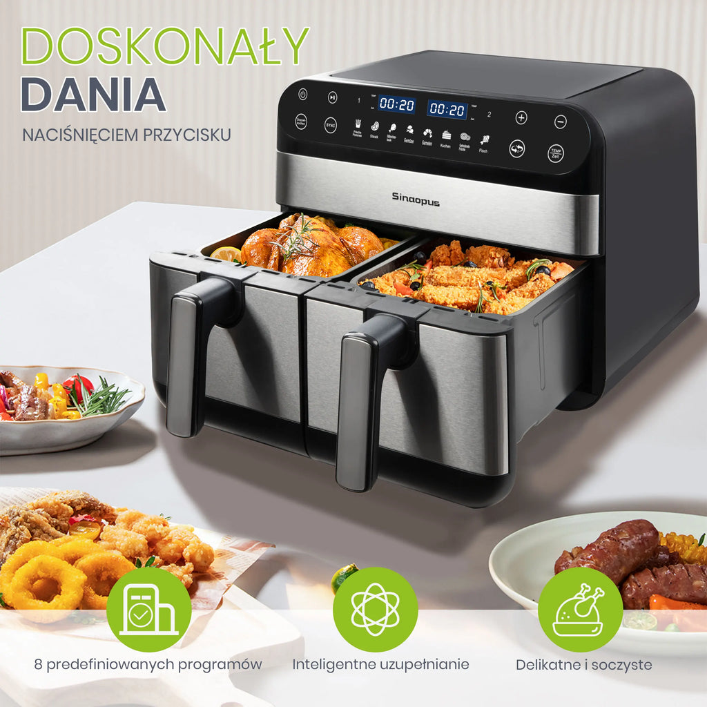 Sinaopus Air Fryer 2400W 10L XXL Dual Basket-LED Touch Screen Oil-Free Fryer, 8 Programs, Temperature Control, Oil-Free Air Oven