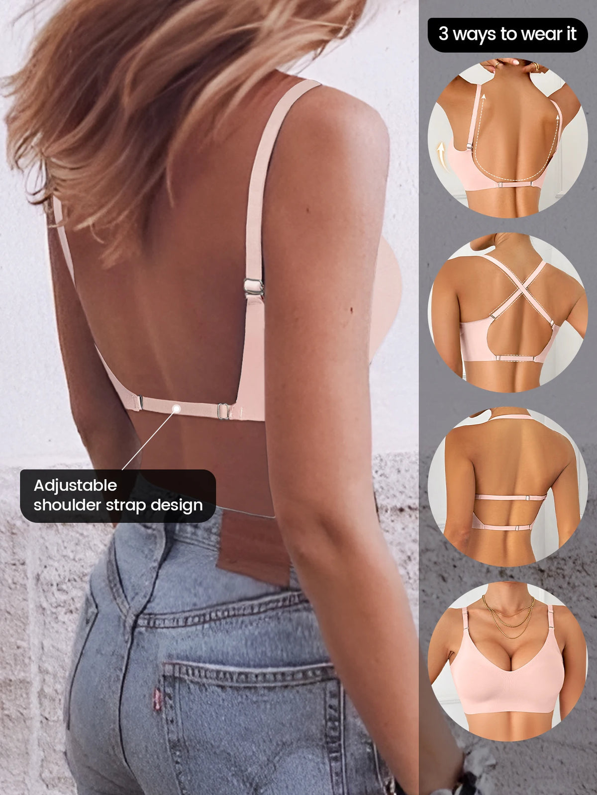 Women Invisible Bra Deep U Plunge Bras Backless Top for Dresses