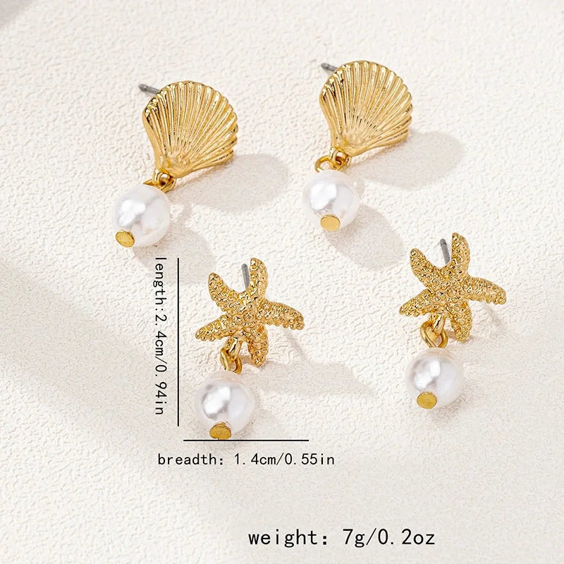 Dainty Starfish Imitation Pearl Gold Color Earrings for Women Mermaidcore Aesthetic Starfish Drop Dangle Summer Vacation Jewelry