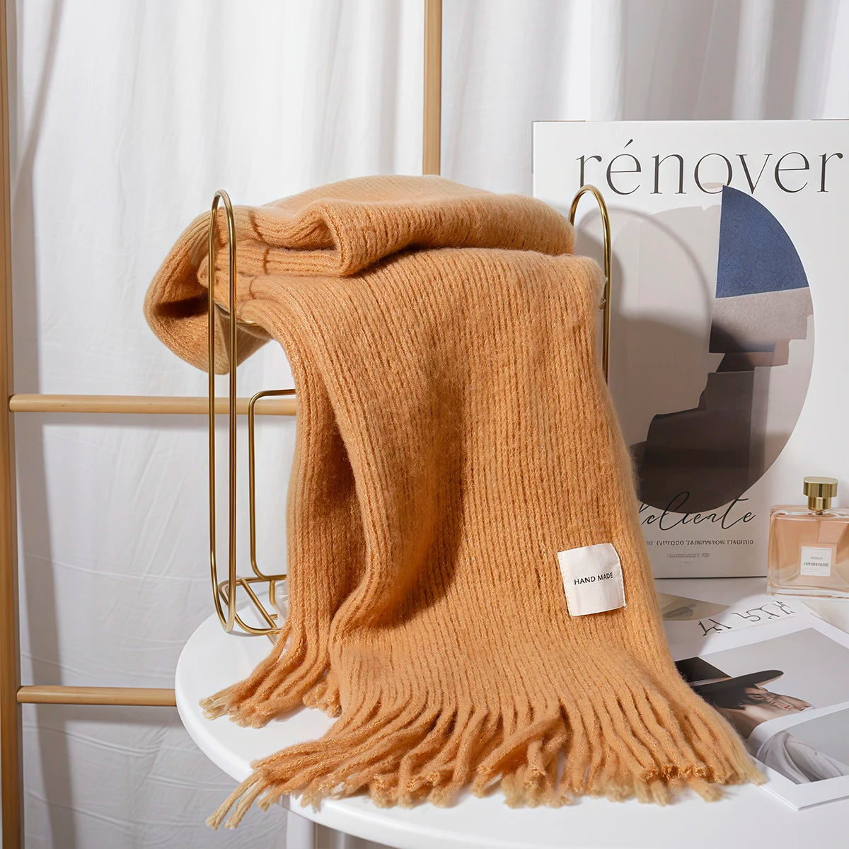 Women Solid Color Knitted Tassel Scarf
