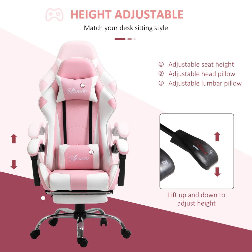 Gaming chair computer chair ergonomic office chair with headrest lumbar cushion height adjustable 360° rotatable pink+white