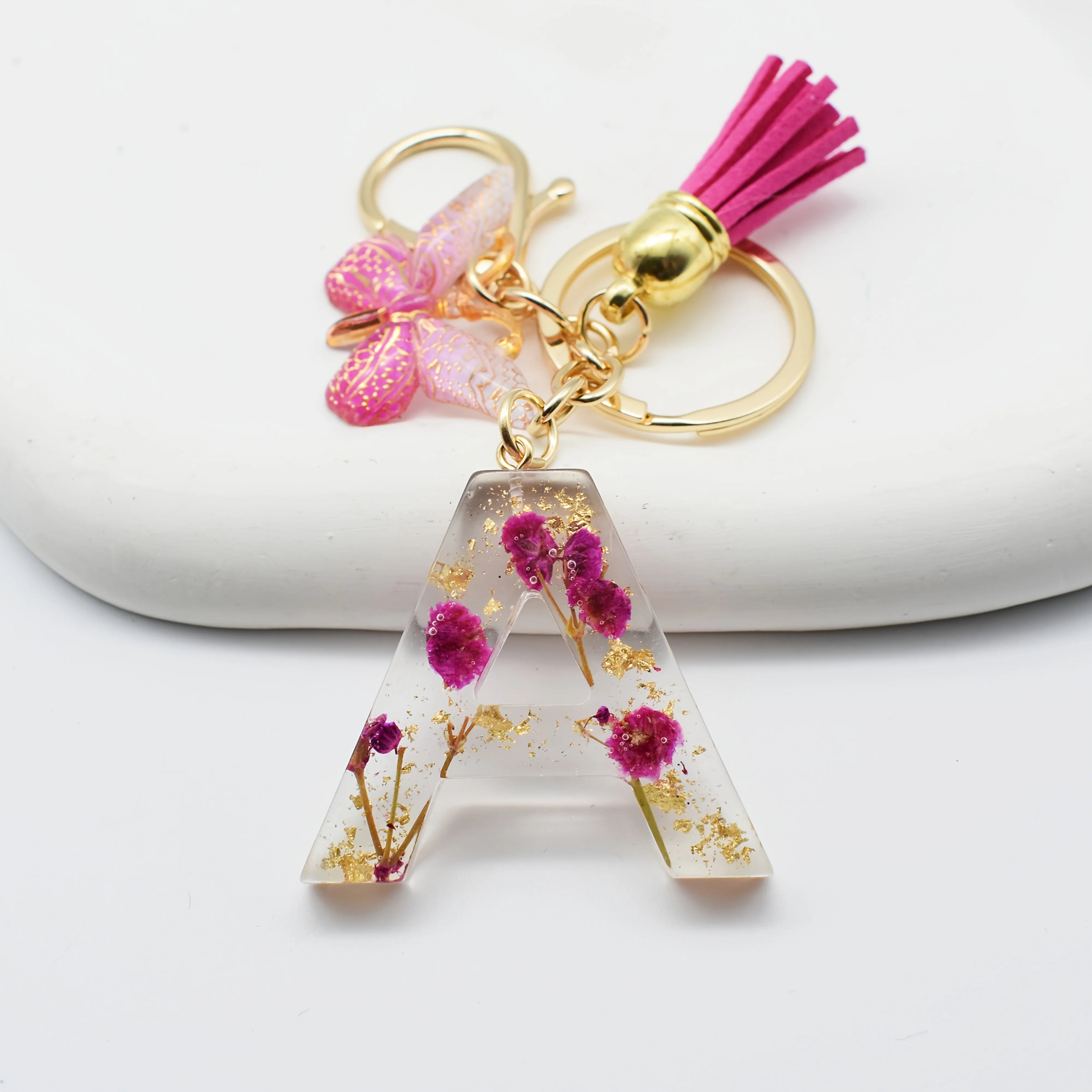 1PC Fashion Easter Alphabet Keychain - Dried Flower Resin Charm, A-Z Initial Pendant Butterfly Tassel, Non-Woven ABS Gift