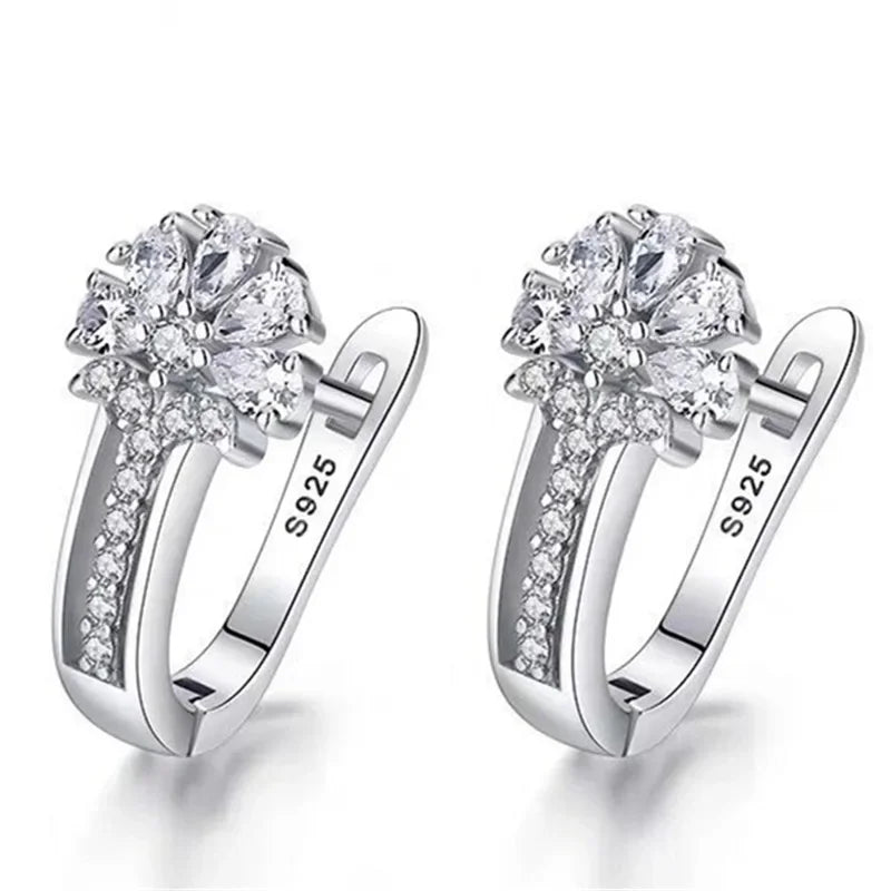 Fine Jewelry 925 Sterling Silver Earrings Inlaid With Zircon Crystal Flower