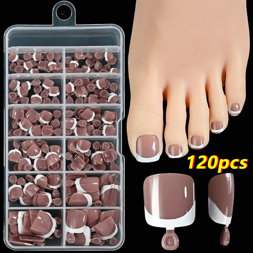 120pcs/Box French Tip Press-On Toenails Pink Color System Square Shape Foot Nails Short Length Glossy Finish False Toe Nails Set