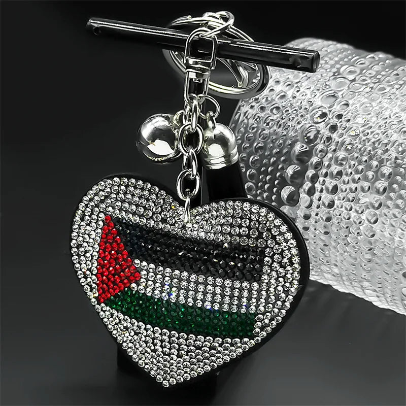 Palestine Flag Full Crystals Heart Shaped Key Chain for Women Men Leather Silver Color Keyring Bag Car Accessories Jewelry Gift