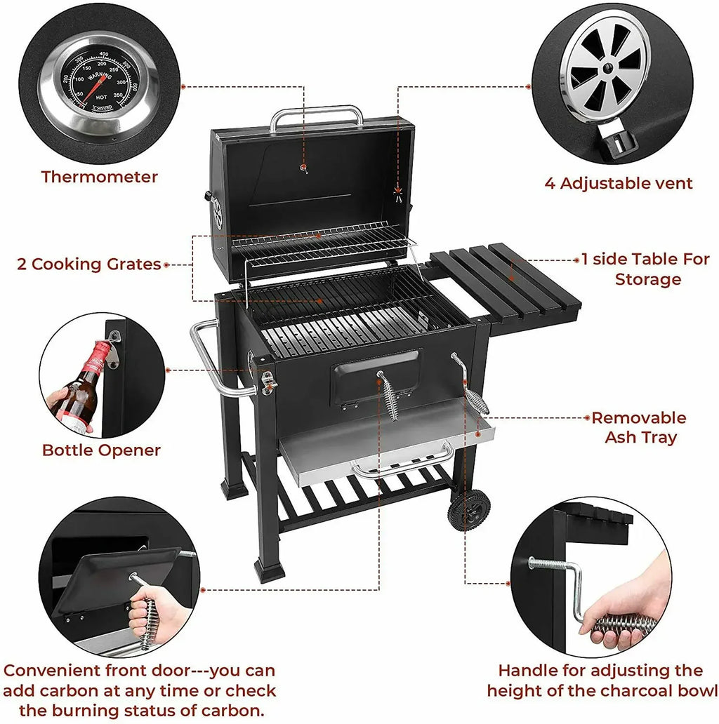 5~10 People BBQ Camping Charcoal Barbecue Stove 2 Wheels Luxurious Configuration Family Garden Outdoor Home Barbecue Grill