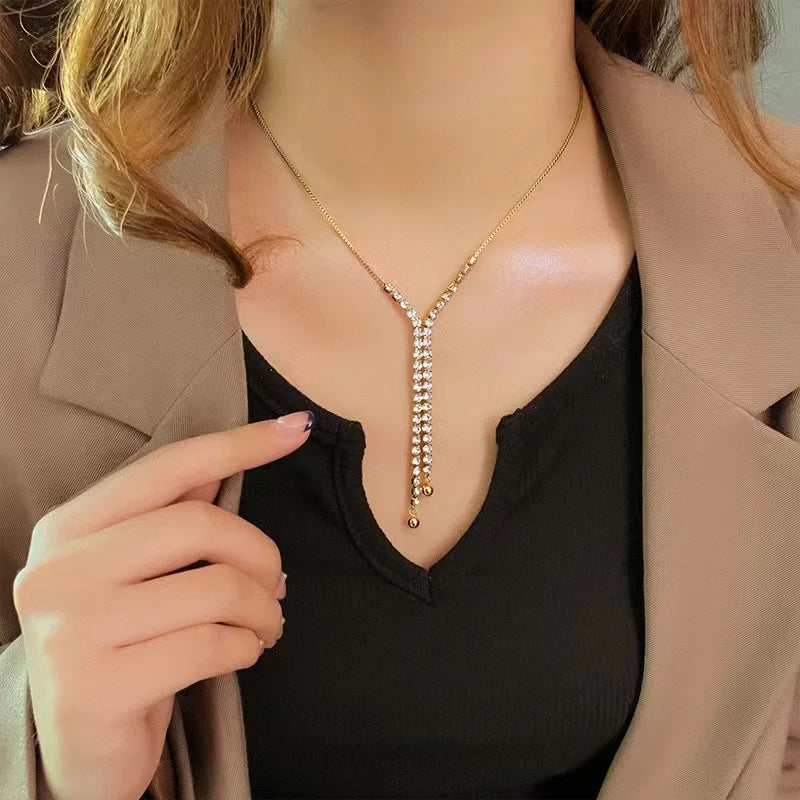 GANEMLY 316L Stainless Steel Sparkle Zircon Tassel Pendant Necklace For Women New Party Gift Stylish Dangle Neck Chain Jewelry