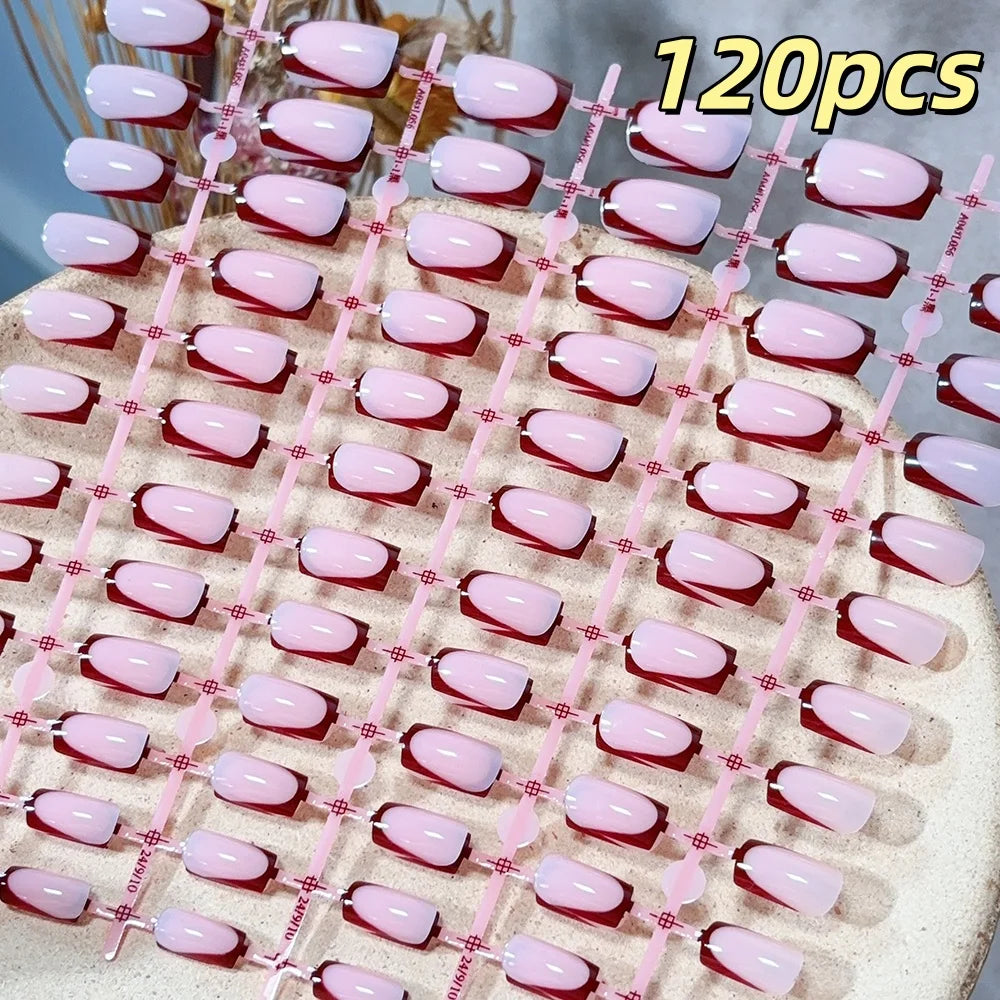 120pcs French Glossy Color Block Acrylic False Nails Spring & Summer Nude Tones Press-On Nails Full Cover Square Shape Nail Tips