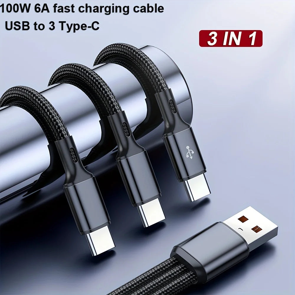 100W 3 in 1 Fast Charging Data Cable USB to 3 Type C Quick Charge