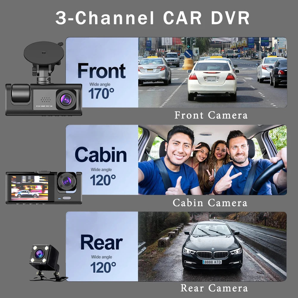 3 Channel Dash Cam HD 1080P 3-Lens Inside Vehicle  Car DVR Three Way Camera DVRs Recorder