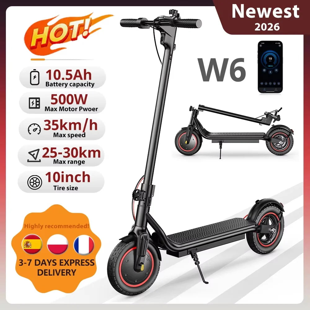 iScooter W6 10inch Electric Scooter 500W Adult E-Scooter 36V 10.5Ah  35km/h Speed Support APP 30km Range City Electric Scooters