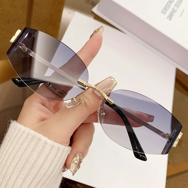 Rimless Oval Sunglasses Women UV400 Oversized Gradient